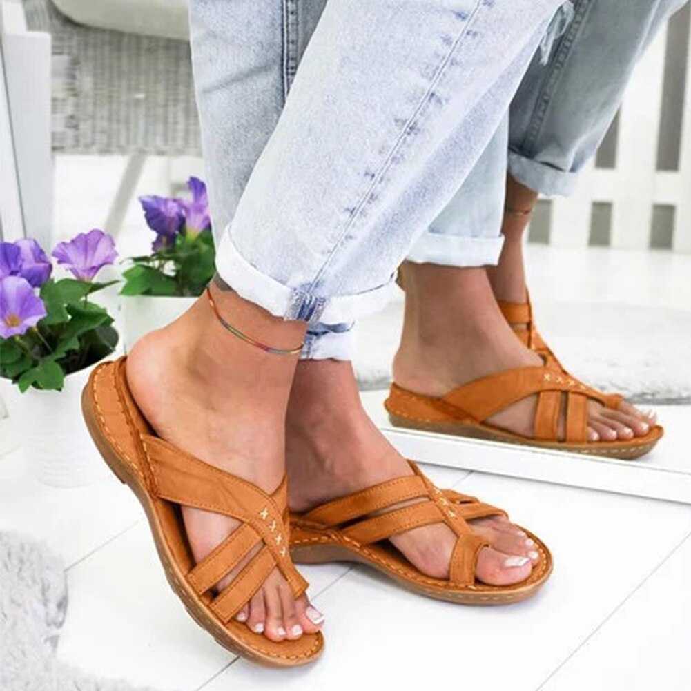 Damen Reise Frauen Sandalen drinnen draussen Schuhe Fuß Korrektur lässig Sommer Strand Offene spitze Flache Ferse PU Leder Weiche Nicht Unterhose