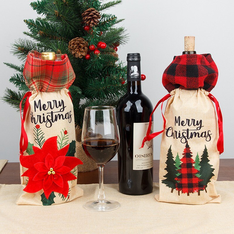 1Pc Kerst Rode Wijn Fles Covers Bag Linnen Champagne Fles Cover Kerst Decoraties Voor Huis