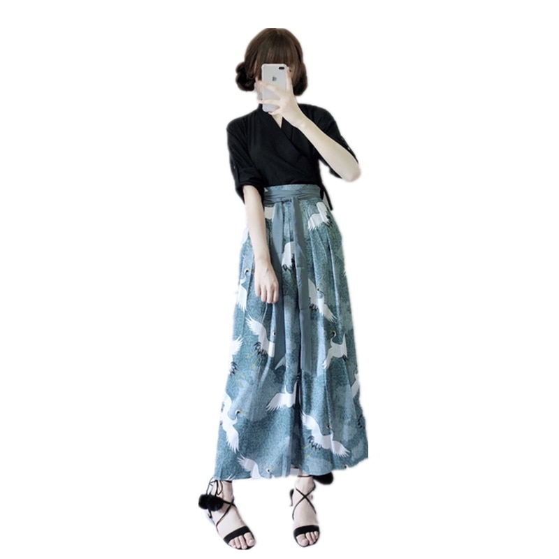 Japanese Traditional Clothes Women Mujer Fancy Crane Print Long Sleeve Kimono Skirt Set Asian Chinese Cardigan Outfits