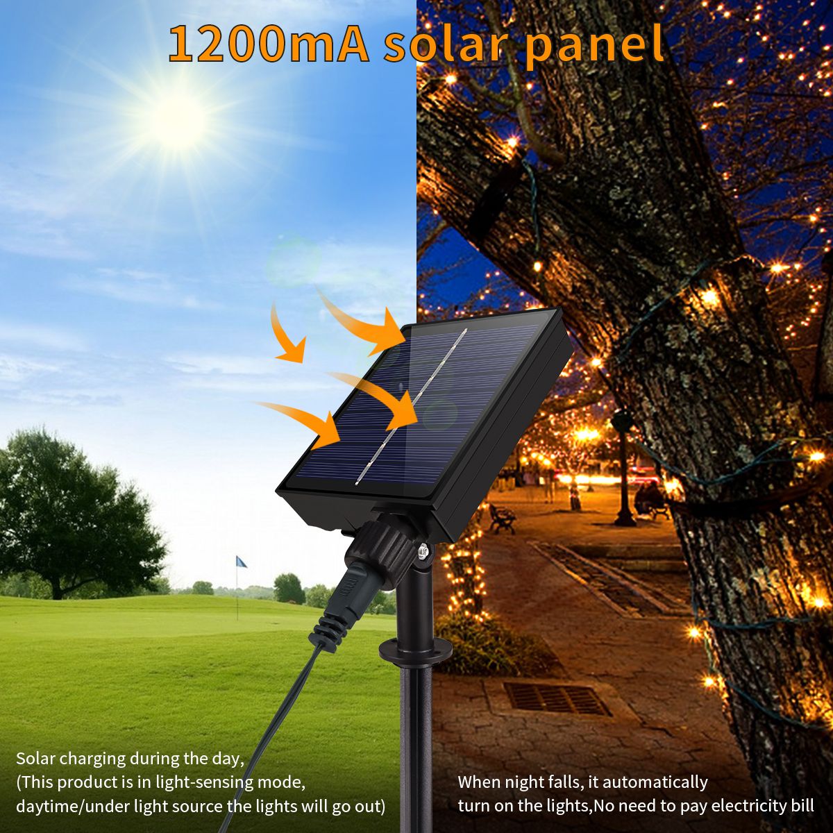 Solcelle-lyskæde 50m IP65 - Fjernbetjening 8 Modes - LED Varm Hvid/RGB - Til Have, Gårdhave, Bryllup