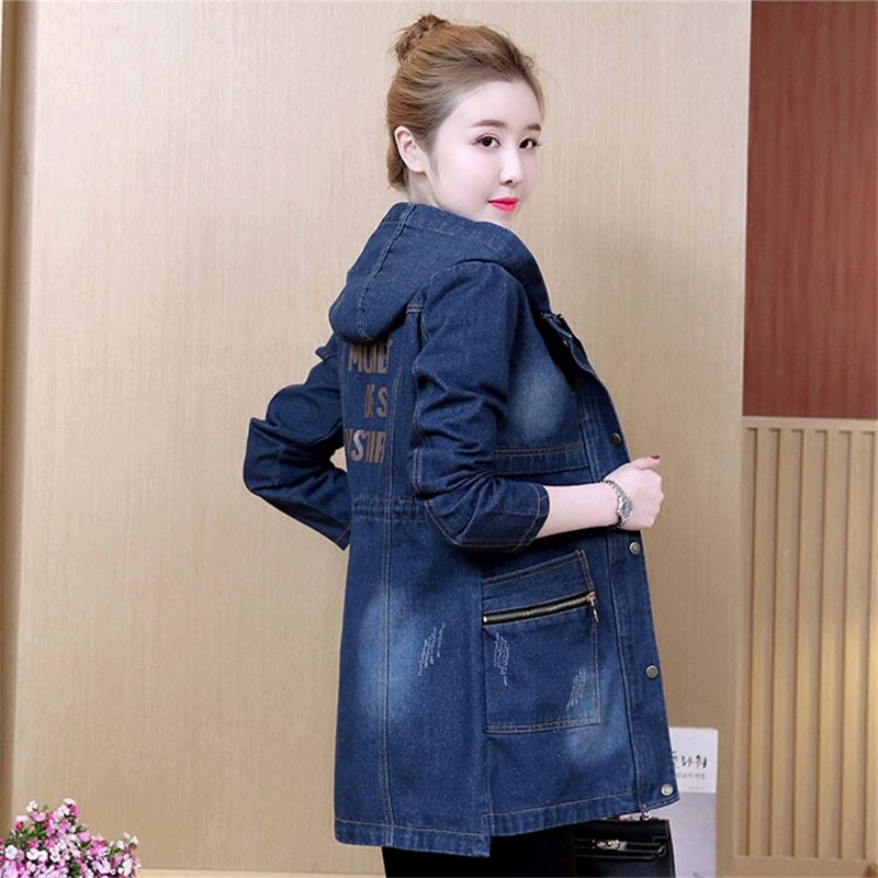 Plus size denim trenchcoat hette løst yttertøy for kvinner langermet middels lang kvinnefrakk  qw038