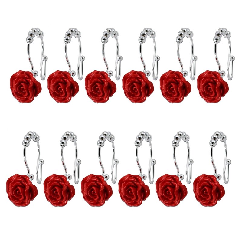 LUDA-ganchos para Cortina de ducha, anillos deslizantes dobles hechos de acero inoxidable, anillo con resina rosa, varillas de ducha para baño, 12 piezas: Rojo