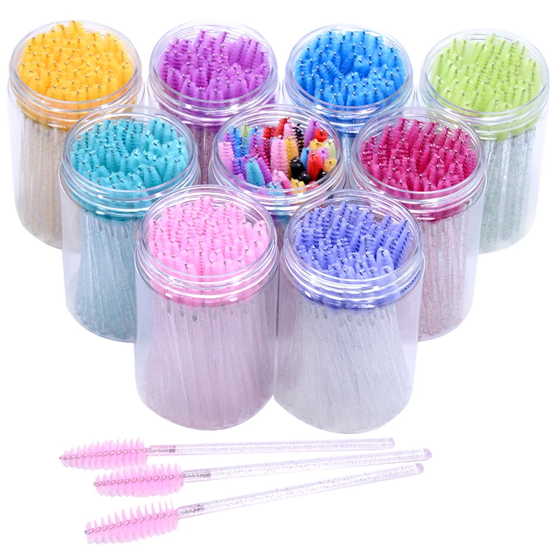 50Pcs/Bottle Disposable Eyelash Extension Mascara Wand Glitter Micro Lash Brushes Spoolie WithContainer Case