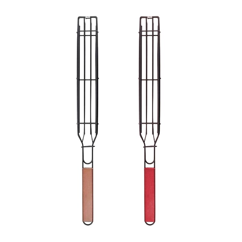 BBQ Grilling Basket Tools Stainless Steel Nonstick Barbecue Grill Basket Portable Mesh Kitchen Tools kitchen accessories Basket: Brown with Red