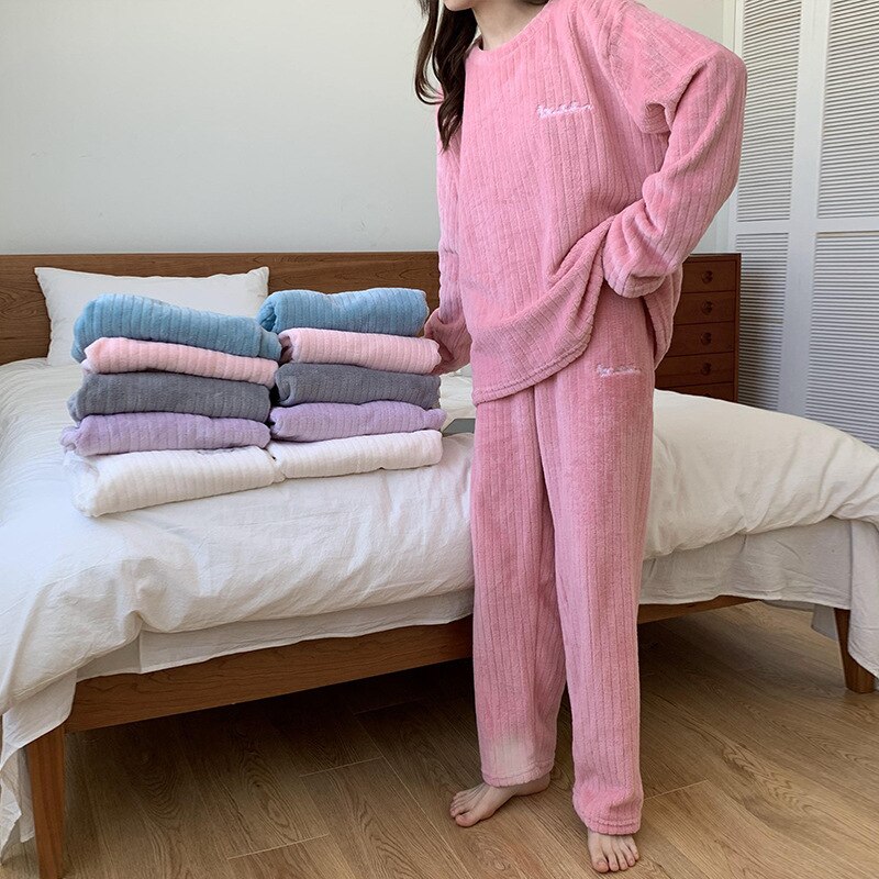 Winter Pyjamas Set Women's Flannel Pajamas Autumn and Warm Coral Bath Velvet Suit Badjas Female Sleepwear Robes Clothes: Pink