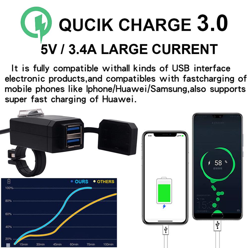 Universele  qc3.0 usb motorfietslader, waterdichte dubbele usb snellader, 12v voedingsadapters