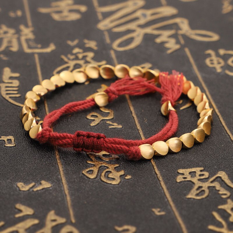 Pulseira tibetana feita à mão de cobre com miçangas, para mulheres, corda ajustável, pulseiras masculinas, cor dourada trançada, boho, joia vintage, presente