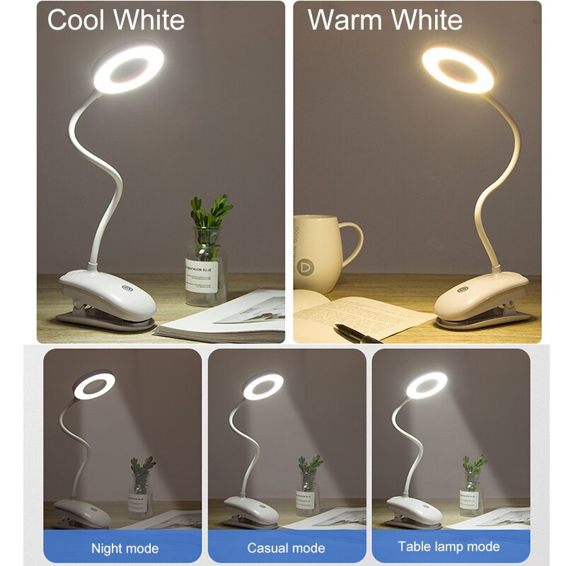 Usb genopladelig led bordlampe fleksibel berøringsdæmpning bordlampe klip på lampe til bogseng og computer 3 farvetilstande zzd 0019