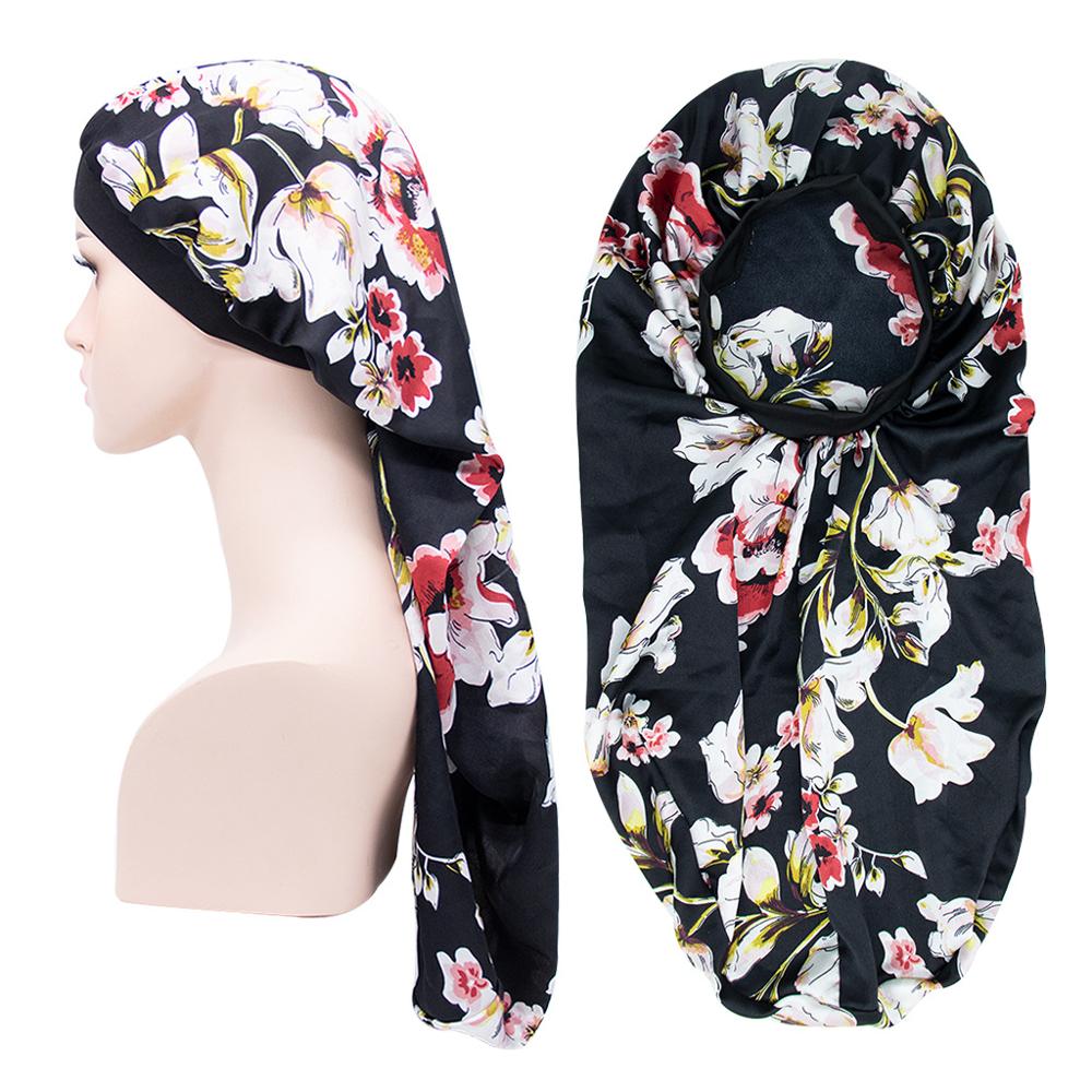 Lange mutsen voor vrouwen, afrikaanse tulband, hoofddoek, slaapmuts, satijnen zijdeachtige print, haarmuts, vlecht, slouchy hoed, tb -83a: Bloem zwart
