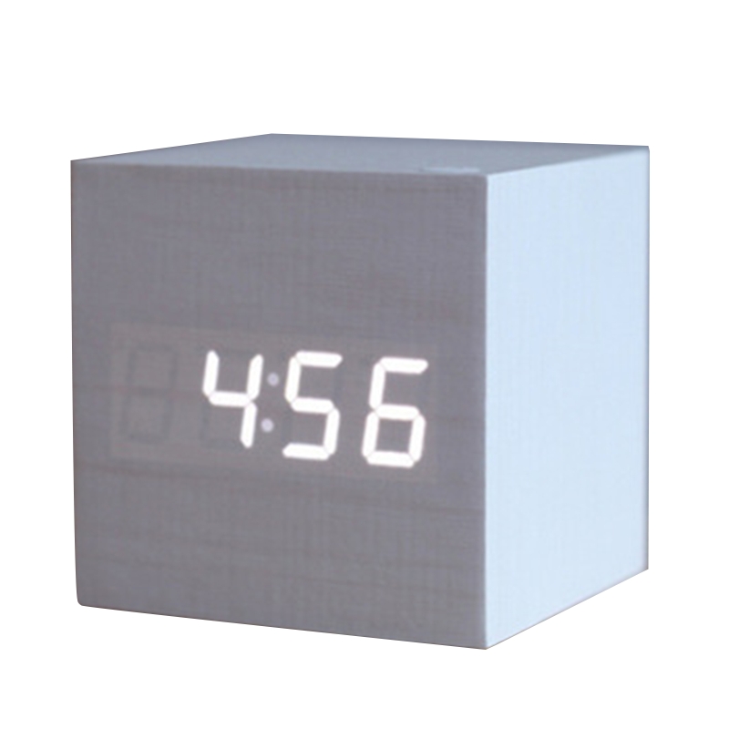 Wooden Led Alarm Clock Electronic Digital Display Time Clock Mute Cube Clocks for Home Bedroom Dormitory Waking Up Wood Trend: White light