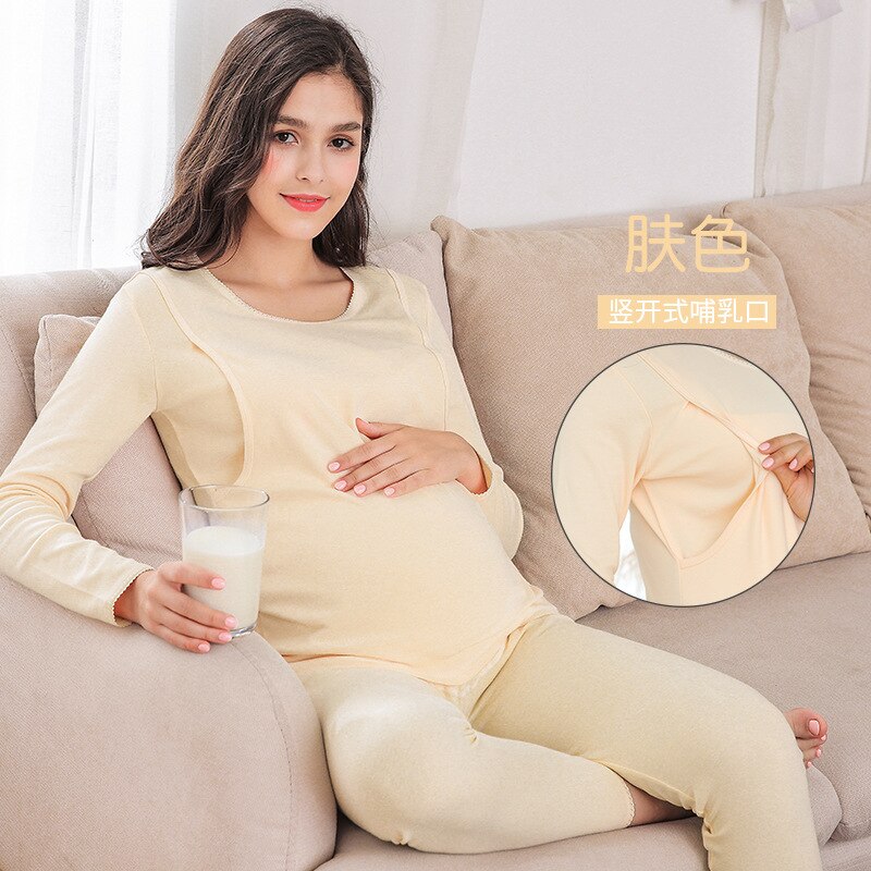 oben + Hosen Herbst Winter 100% Baumwolle Stillen Pyjama für Schwangere Frauen Warme Mutterschaft Nachtwäsche Schwangerschaft Nachtwäsche: Gold