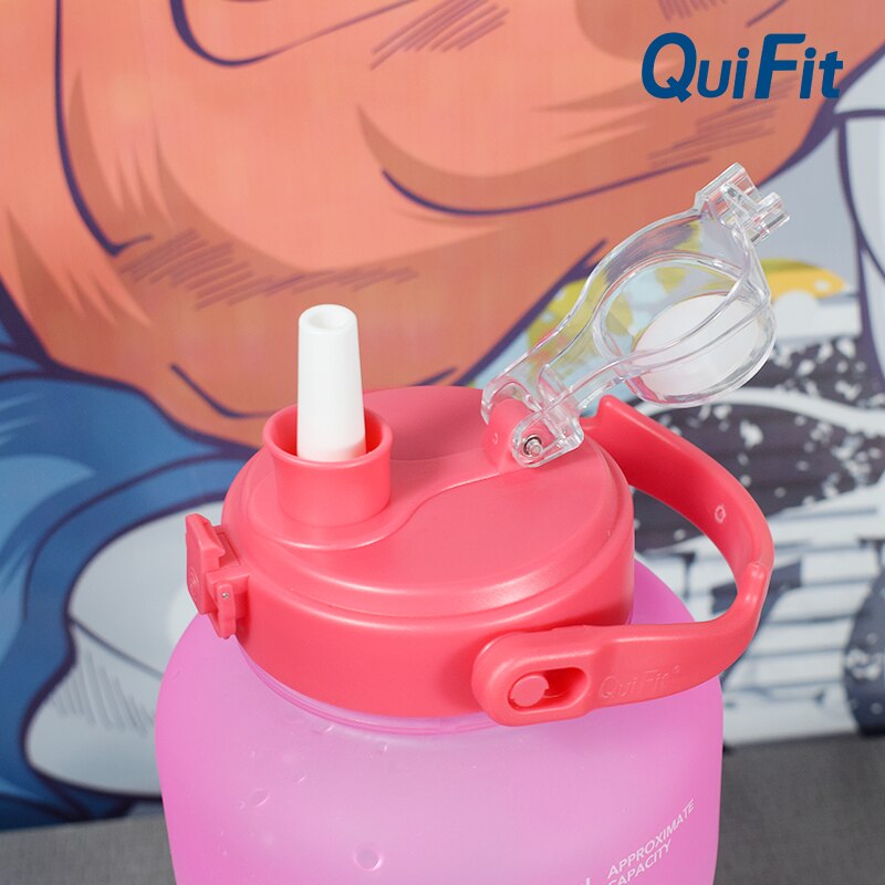 QuiFit water bottle 3.8L bouncing lid gallon water bottle cuptime stamp trigger no BPA, sports phone holder fitness water bottle