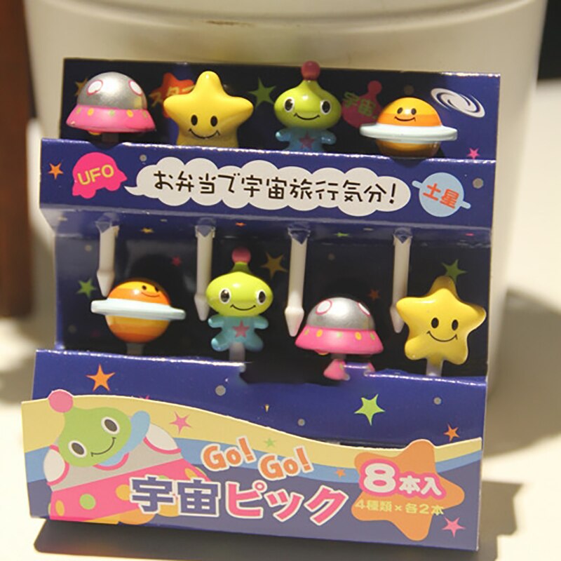 8 Stuks Alien Fruit Dessert Vork Set Mini Cartoon Kinderen Snack Cake Dessert Pick Voor Kids Tandenstoker Bento Lunches Party decor