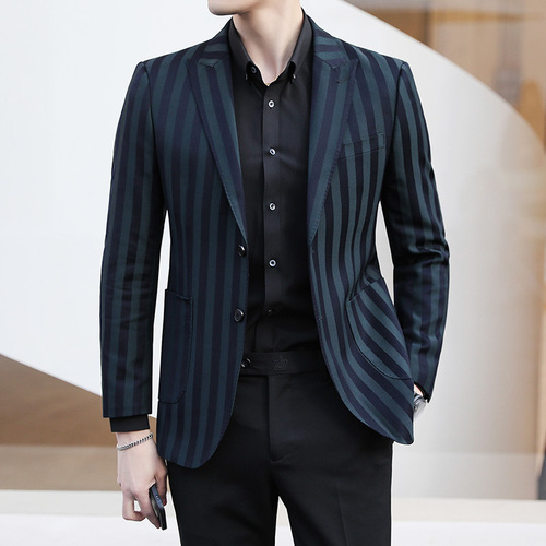 Costume de smoking à revers cranté pour homme, 2 pièces, Slim Fit, rayé, bleu marine, pour marié d&#39;affaires, pour mariage formel, à la ,: Asia M 47 to 53kg