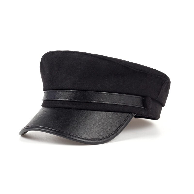 Boina de lana con vosor para hombre y mujer, gorro cálido de cuero azul marino para viajes al aire libre, invierno,: Negro
