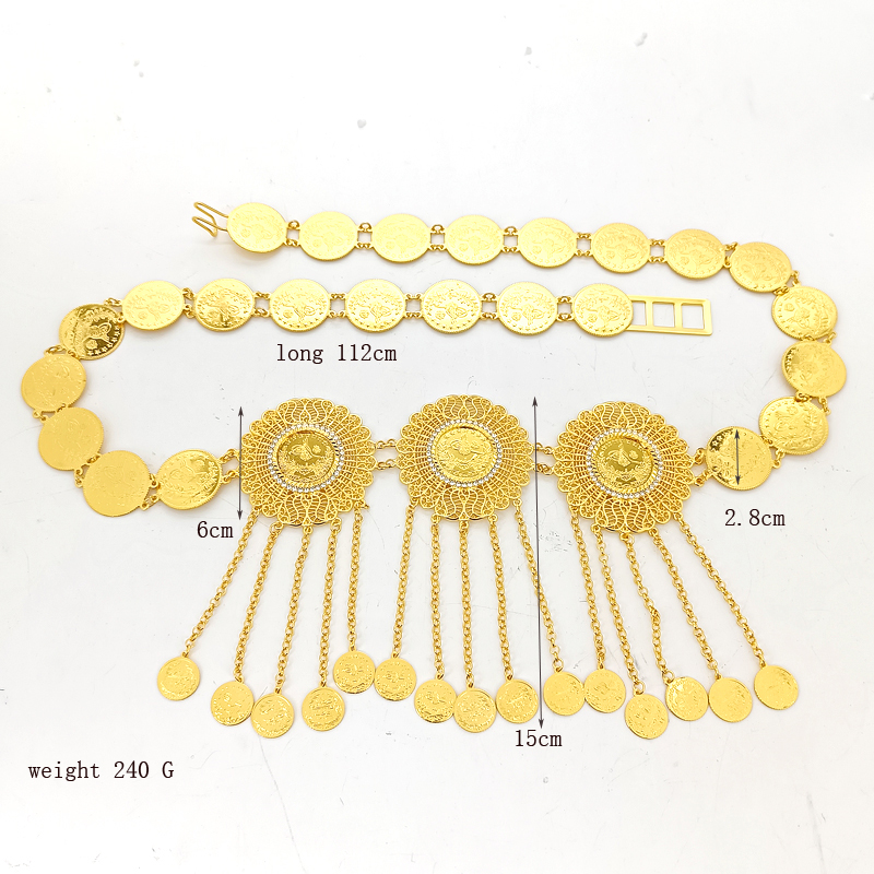 Oman Iraqi Kurdish Wedding Jewelry Set Arabic Body Chain Coin Tassel Waist Chain Turkish Coin Pendant Female Necklace