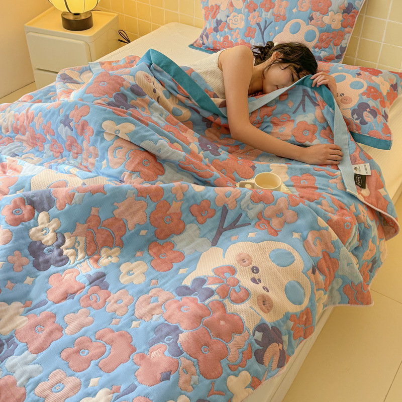 Luxe katoenen jacquard geweven 3-laags gaas badstof dekbed - ademende deken voor het hele seizoen voor thuisreizen: 100x140cm / Rood
