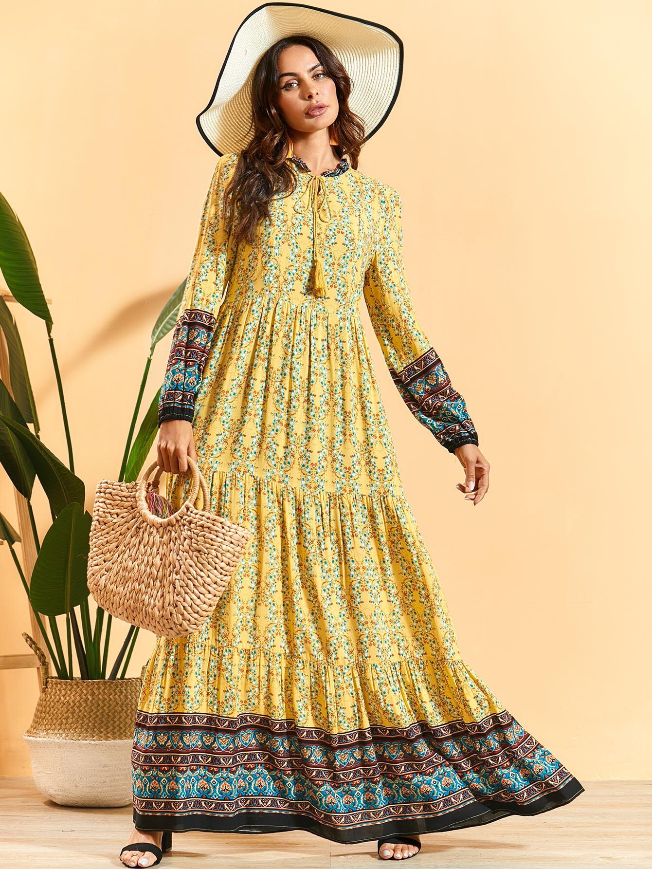 Dubai Turkey Muslim Dress Women Print Floral Big Swing Slim Maxi Hijab Dresses Islamic clothing Moroccan Elbise Abaya Kaftan