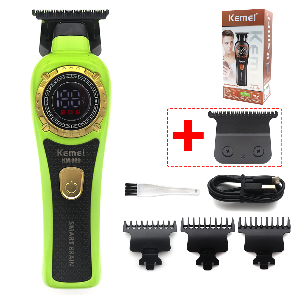 Kemei KM-999 Hair Trimmer for Men DLC T-Blade Zero Gapped LED Display Cordless USB Hair Clipper Finishing Machine: Beige