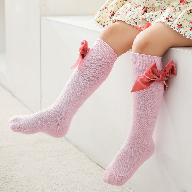 Strik Knie Hoge Baby Sok Zoete Katoen Ademend Peuter Sok Lange Sok Voor Meisjes Prinses Herfst Winter Zachte Effen Kleur