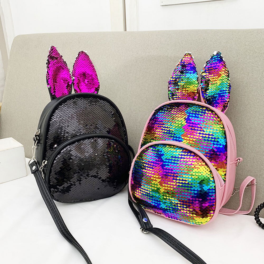 Kids Girls Boys Rabbit Ears Sequin Backpacks Knapsack School Bag Teenage Rucksack Kindergarten Travel Bags Glitter Backpack