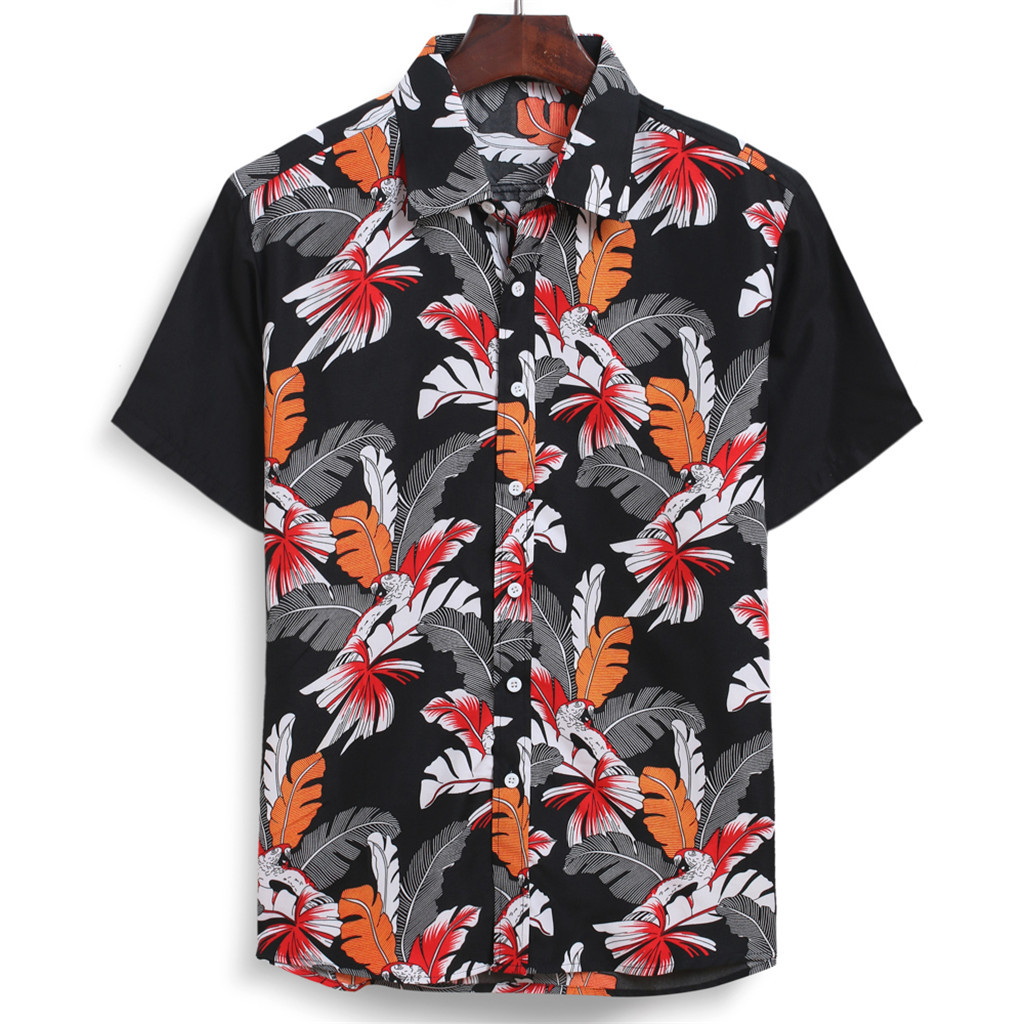 Camisa hawaiana de algodón puro para hombre, camisa holgada con estampado de flores, manga corta, talla grande de EE. UU., hawaiana, para playa #3: B / XL