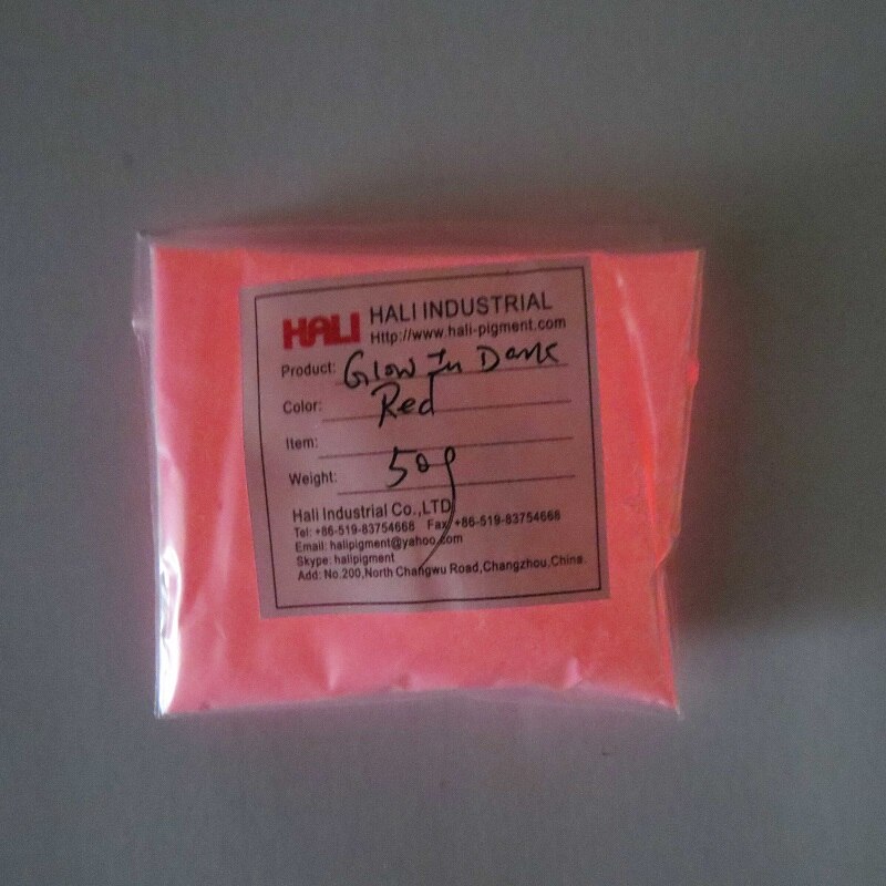 Glow in dark poeder, fotoluminescerend poeder, luminescerend poeder , 1 partijen = 10 kleuren ,10 gram per kleur.: Rood 50g