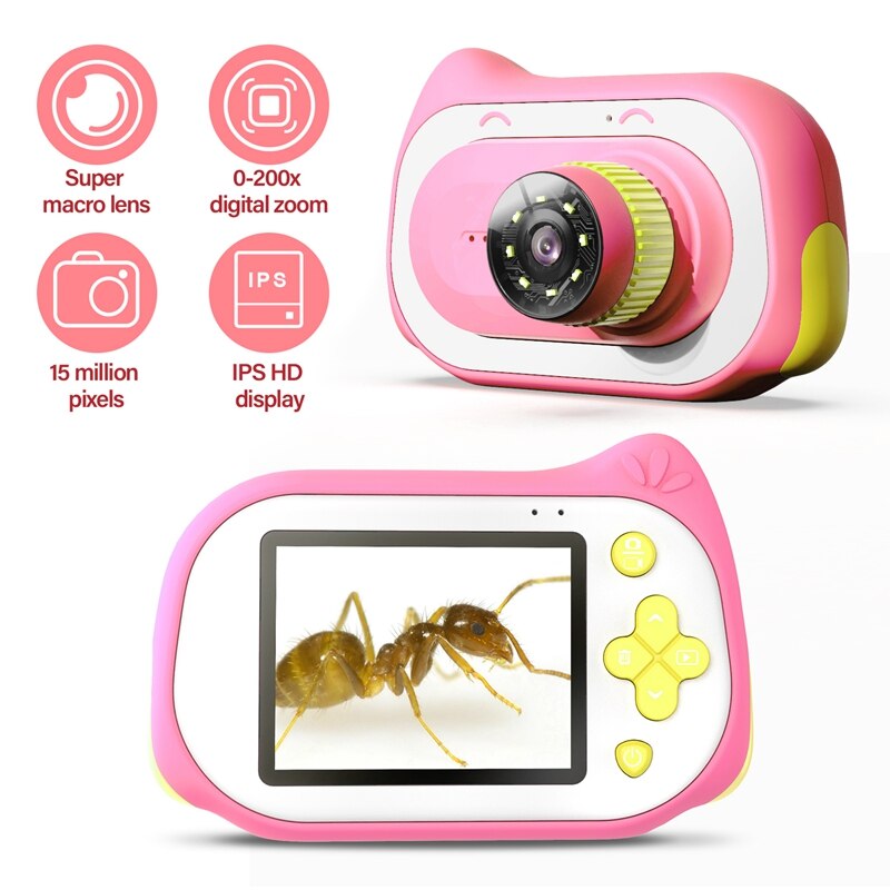 Kids Digital Camera Children Educational Microscope Portable Magnifying Glass Macro Camera HD Screen: Red