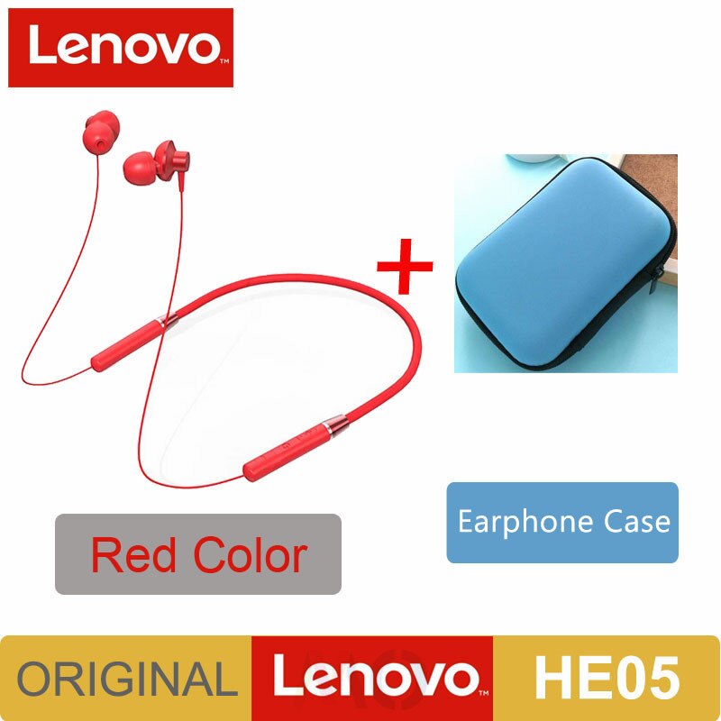 Original Lenovo HE05 Bluetooth 5.0 Wireless Magnetic Neckband Running Sports Earphone Earplug with Waterproof Noise Canceling: HE05 Red add Case