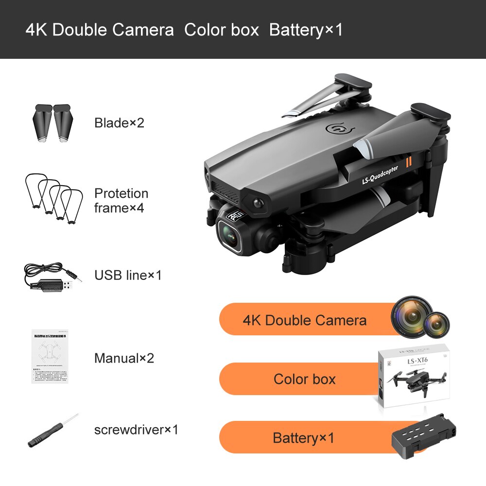 Mini Rc Drone XT6 4K 1080P HD Dual Camera WiFi FPV Air Pressure Altitude Hold Foldable Quadcopter Gps Dron for boy toys: DualCam 4K 1B Box