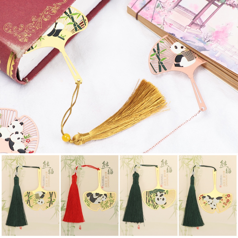 Cute Popular Retro Chinese Style Metal Bookmark Panda Pendant Hollow Bookmark Book Tassel Pagination Mark Stationery Supply