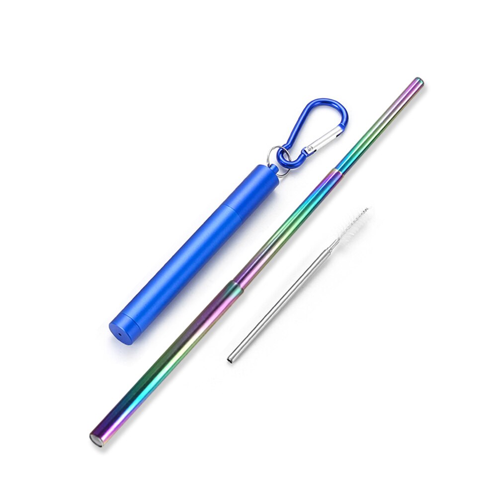 Roestvrij Staal Vouwen Stro Telescopische Rietje Pen Shaped Case Carabiner Herbruikbare Metalen Stro Reizen Picknick Drinkware: Blue1