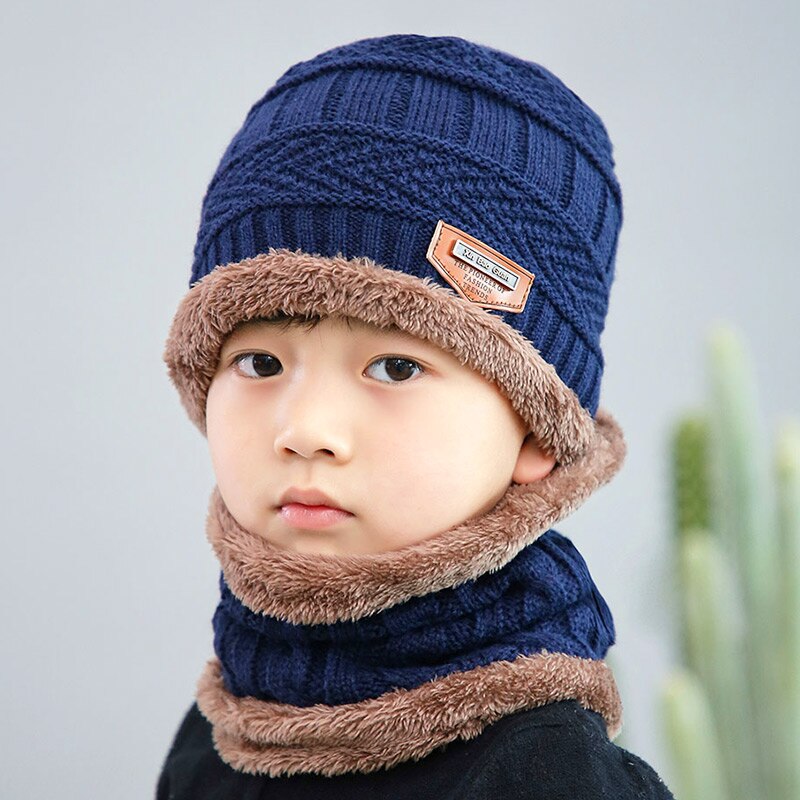 Børns bomuldshue tørklæde pil mønster strik hatte dreng afslappet varm hovedbeklædning plus fløjl fortykkende hagesmæk baby løs: Flåde