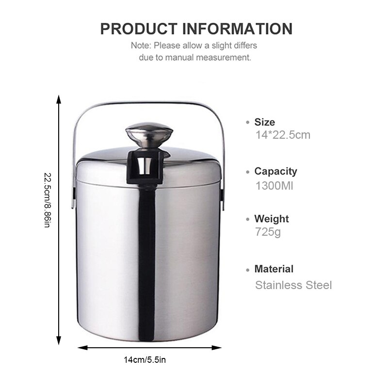 YMEEI 1.3L Ice Bar Bucket Stainless Steel Double Wall Ice Cube Container Champagne Bucket With Tongs Lid Home Bar Tool