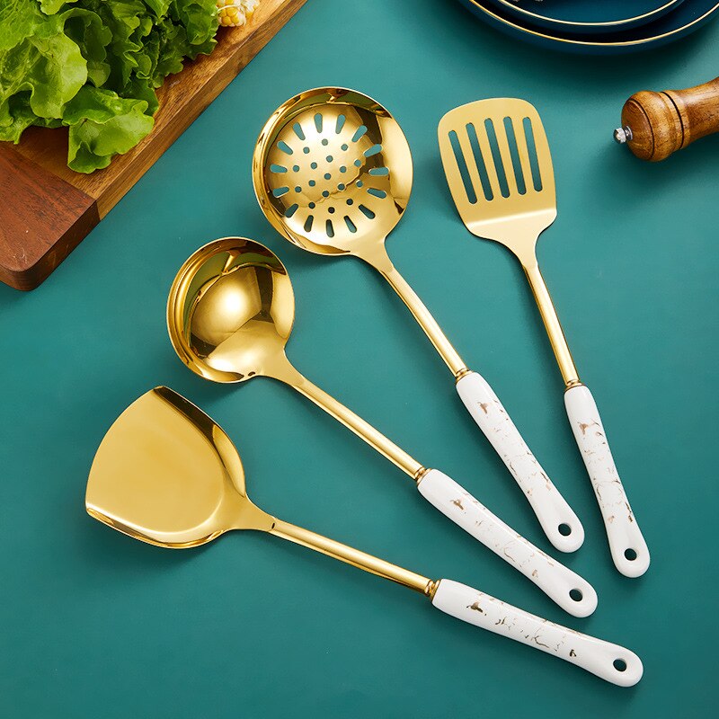 Stainless Steel Cookware Set Gold Cooking Pot Accessories Set Non Stick Spatula Shovel Spoon Kitchen Utensils Luxury Kitchenware: 4 pcs White