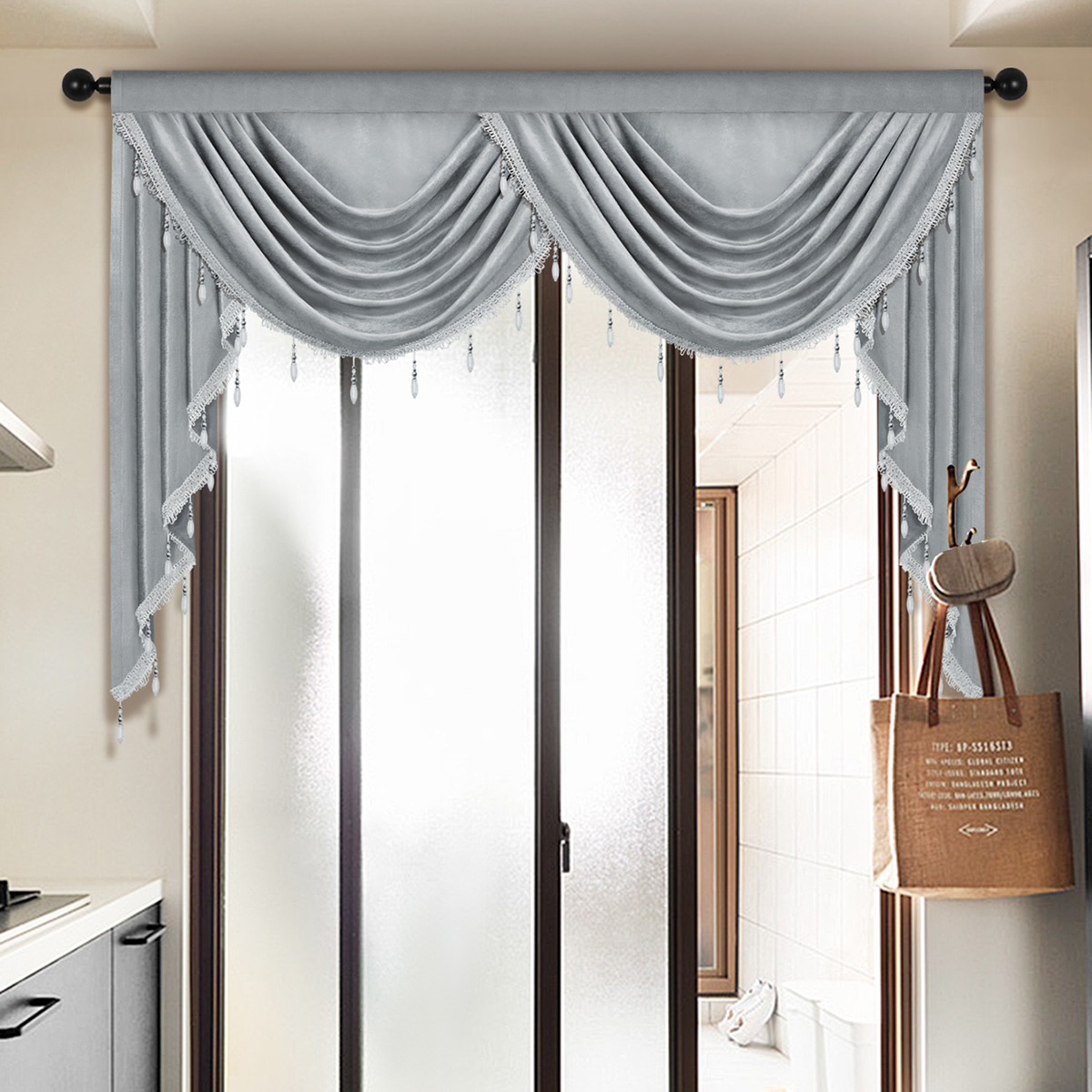 Rideau de cantonnière en tissu velours de style européen, cantonnière en tissu velours italien pour la décoration intérieure, poche la plus récente, divers documents au choix, cascade, 1PC: Gris clair