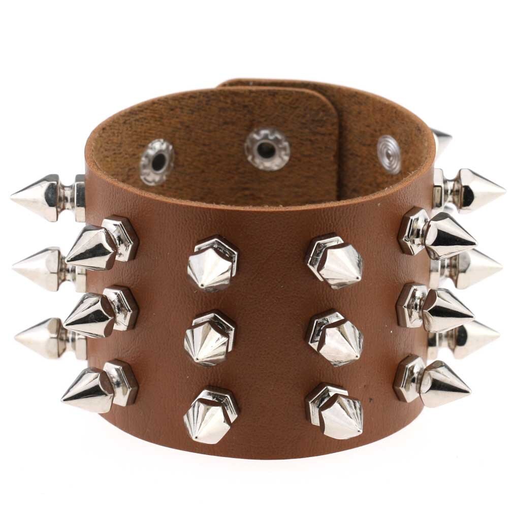 Boho Emo Spike bransoletka sztuczna skóra Punk bransoletki dla kobiet mężczyzn biżuteria Goth dziewczyna chłopiec mankiet Bangle Studded Halloween nadgarstek: P136 Brown
