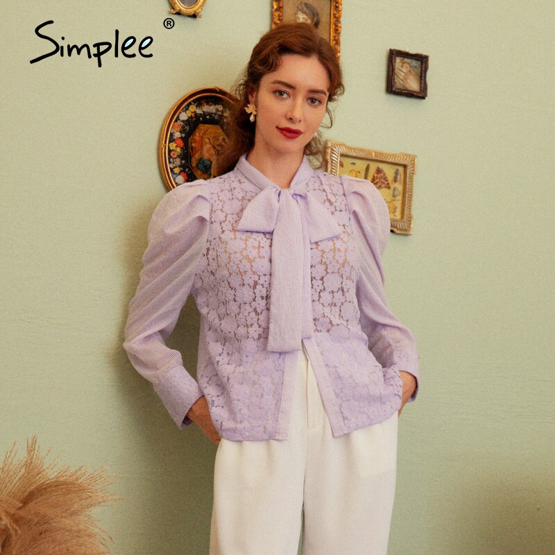 Simplee casual fluga spets dam blus skjorta ihålig blomma kvinnlig vintage blus toppar puffärm rand dam blusar