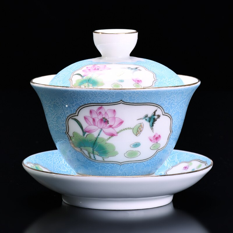 130ml farve emalje keramisk te skål kinesisk tradition gaiwan master kop kung fu te kop lotus mønster tekop porcelæn kopper: E