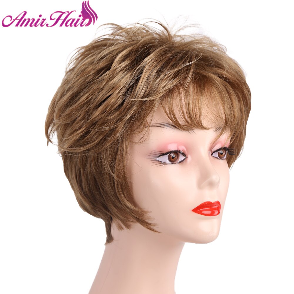 Amir Straight Short Synthetic Hair Wigs For Women Ombre Brown Blonde Puff Female Wig With Part Side Bangs Layer Wig