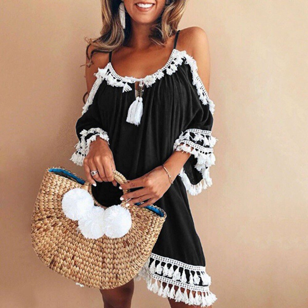 Women Off Shoulder Dress Tassel Short Cocktail Party Beach Dresses Sundress strand jurkjes beach summer outing in summer#1: Black / XXL