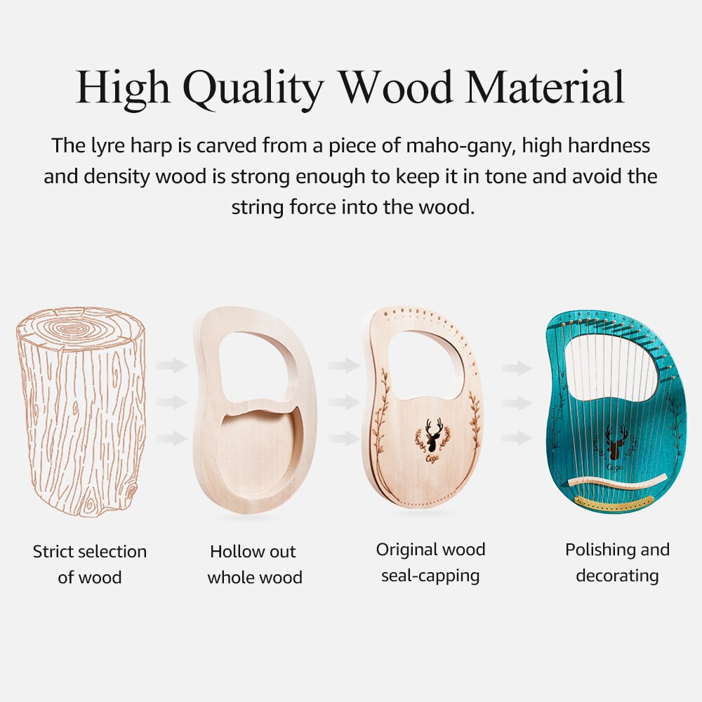 Muslady 16 String Upgraded Lyre Harp Portable Solid Wood Harp String Musical Instrument with Tuning Wrench Clear Blue Lyre Harp