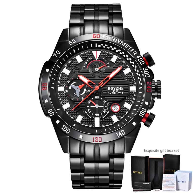 BOYZHE Sport Automatische Uhr Männer Edelstahl Chronograph Herren Mechanische Uhren Auto Datum Luxus montre homme: Schwarz Stahl mit Kasten