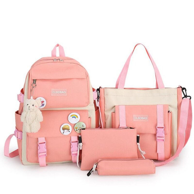 4pcs/set Canvas School Bag for Teenagers Girls Student Women Travel School Backpacks Female Book Bags: pink