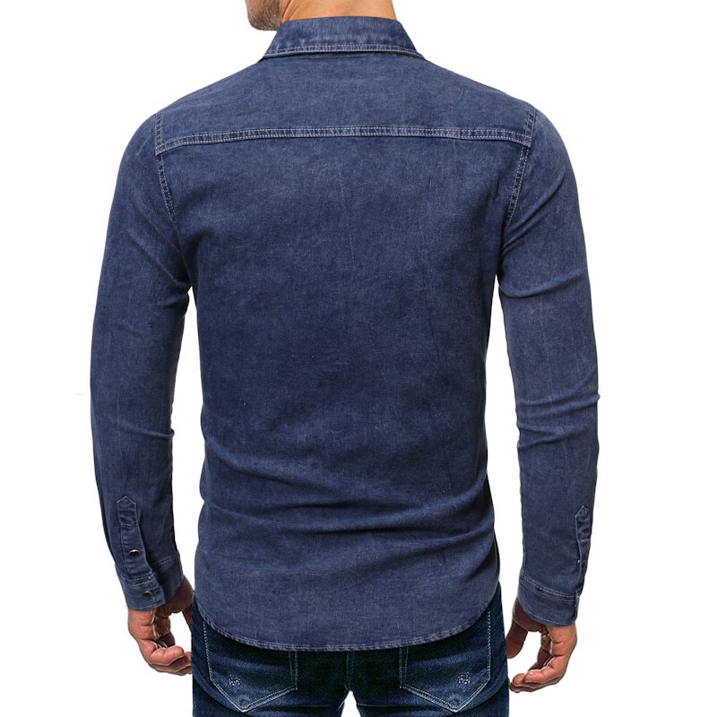 Casual jeansskjorta herr slim fit långärmad 100%  bomull vintage distressed solid skjorta manligt märkeskläder