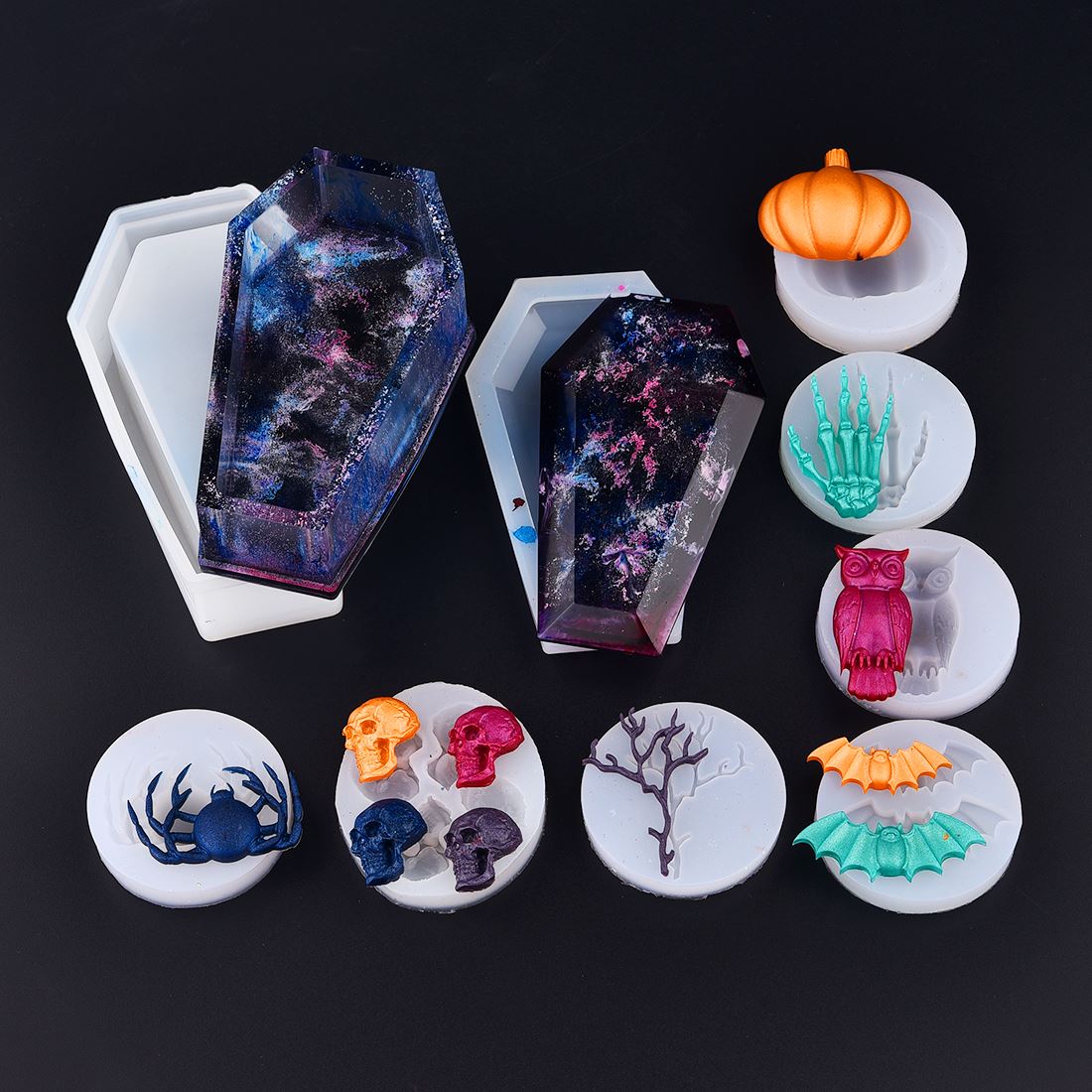 Halloween doodskist pompoen schedel uil vleermuisvorm siliconen mal hars mal epoxy uv hars knutselen doe-het-zelf sieraden maken gereedschap