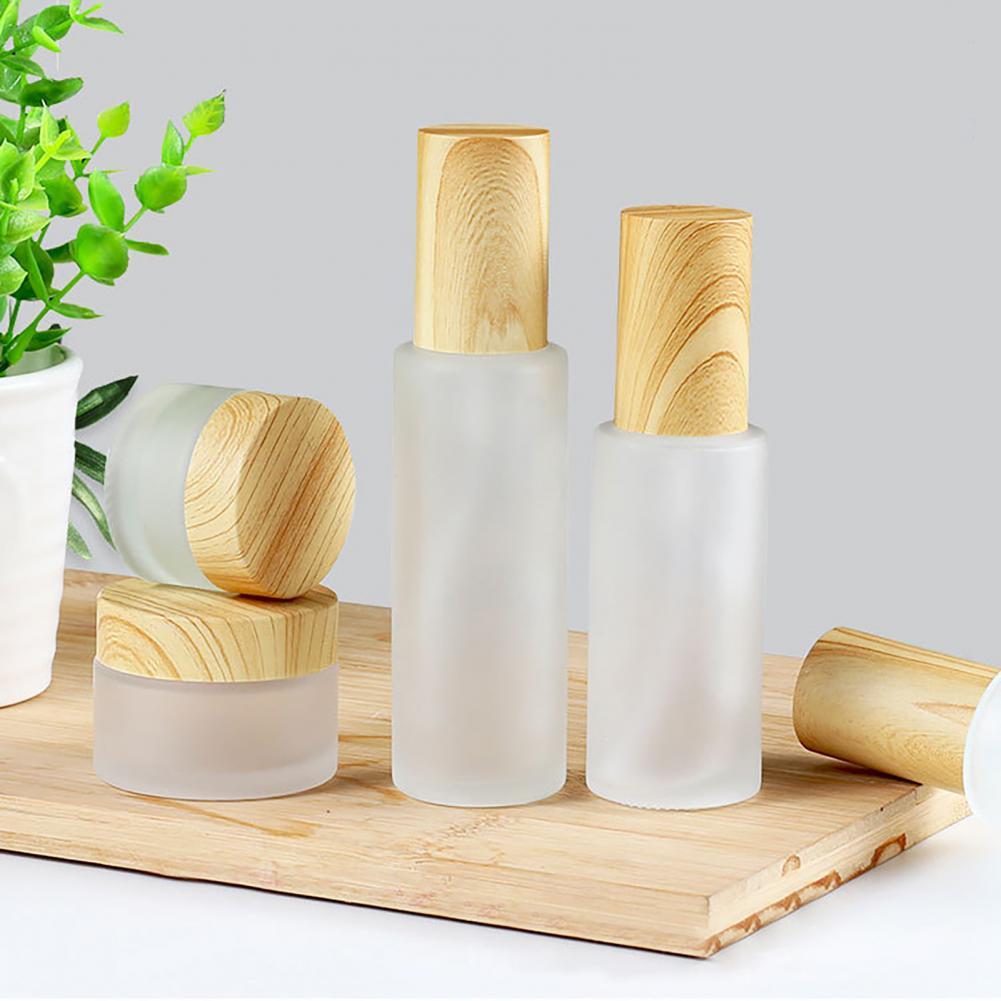 Bouteille vide de 30ml/50ml/80ml/10g/20g/30g, Surface mate avec couvercle en Grain de bois, vaporisateur de cosmétiques en verre pour voyage