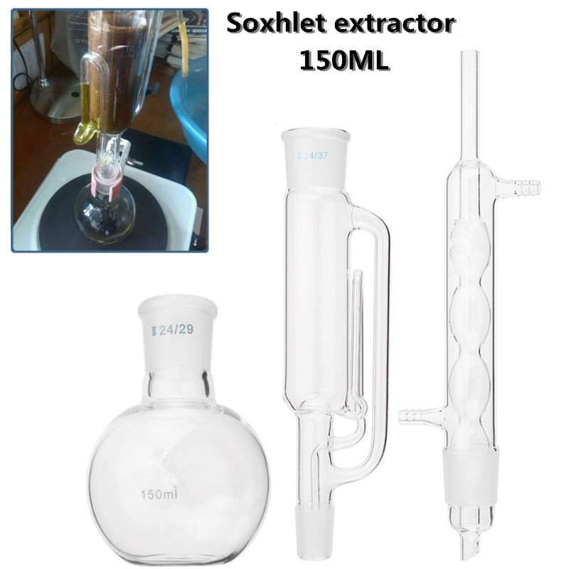 150 ml En Verre de Laboratoire Extracteur Soxhlet Condenseur avec 24/29 Flacon à Fond plat 261 MM 34/37 Tube Laboratoire Verrerie Kit
