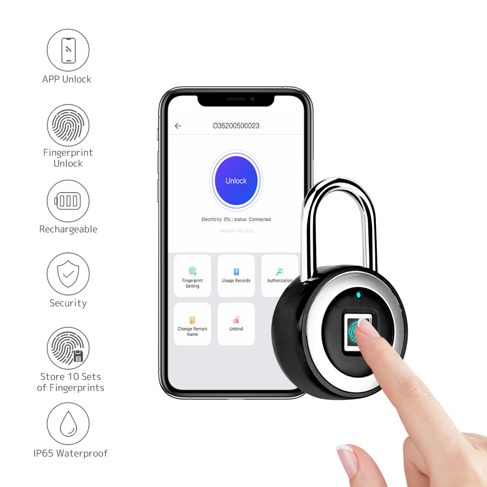 Smart Fingerprint door lock BT Padlock Unlocking by Fingerprint&APP Rechargeable Keyless 10 Fingerprints IP65 Waterproof