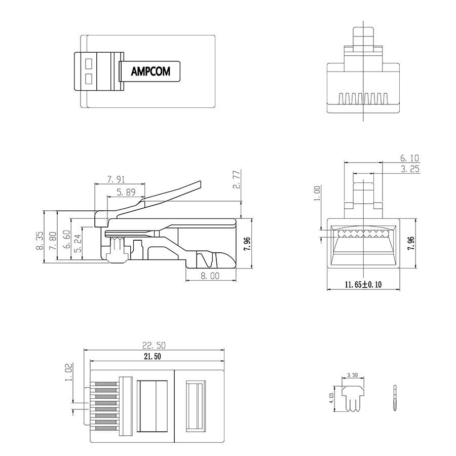 Ampcom-conector de tomada modular cat5e cat/cat6 utp 50u, conector ethernet 8p8c para crimpagem